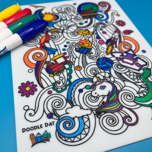 Coloring page with a unicorn and doodles, featuring markers on a blue background.